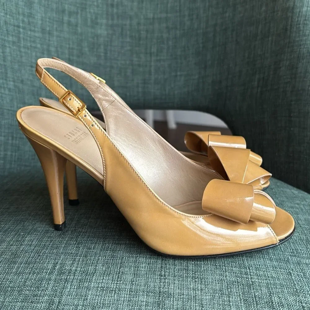 Stuart Weitzman Women’s nude tan big bow peep toe patient leather heel 7.5 EUC!